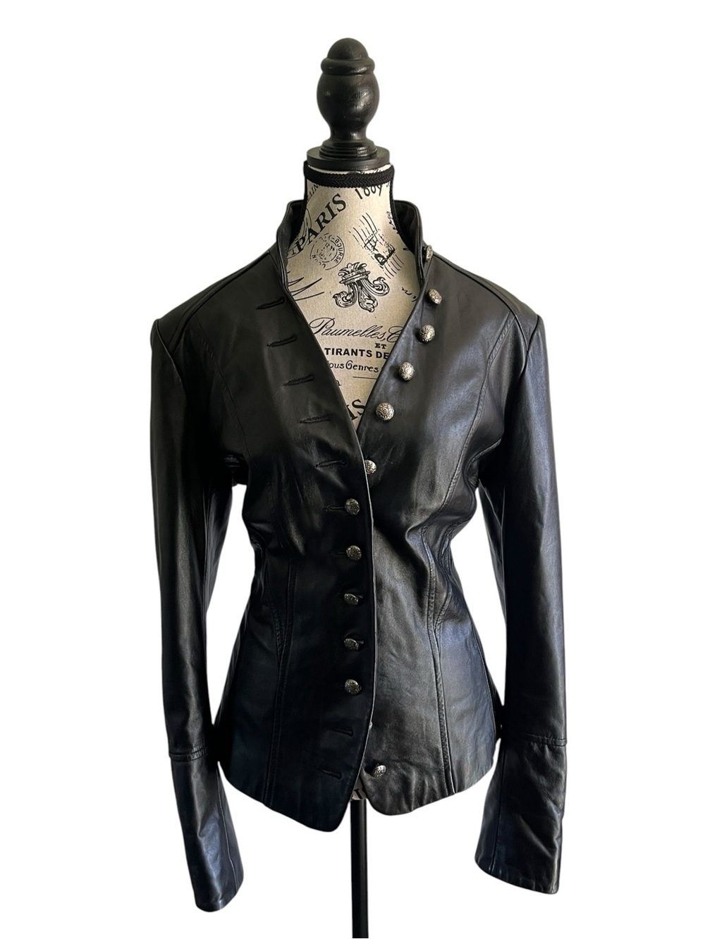 Vintage Black Leather Military Jacket Fitted Mandarin Collar Ornate Buttons Goth